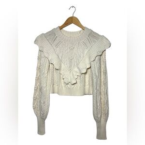 Womens Cableknit Ruffled Cottagecore Preppy Off White Cropped Sweater Size Small